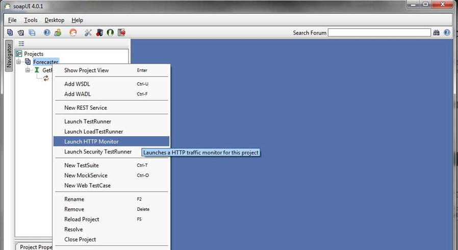 soapUI 4.0.1 window showing the Forecaster > Launch HTTP Monitor menu option