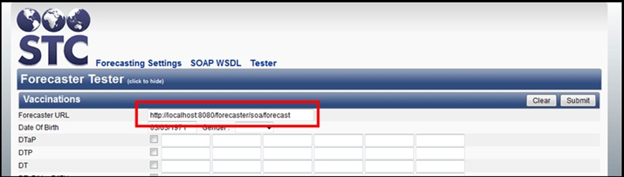 Example Forecaster URL settings in the Vaccinations section of the Forecaster Tester page