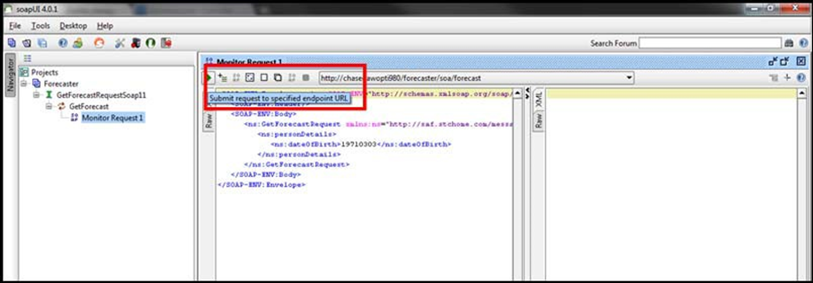 soapUI window showing the Monitor Request pane and the Submit button on the toolbar