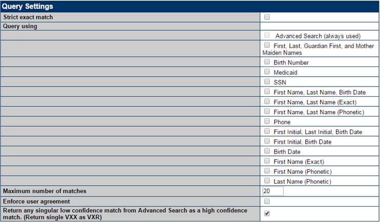 Example Query Settings page