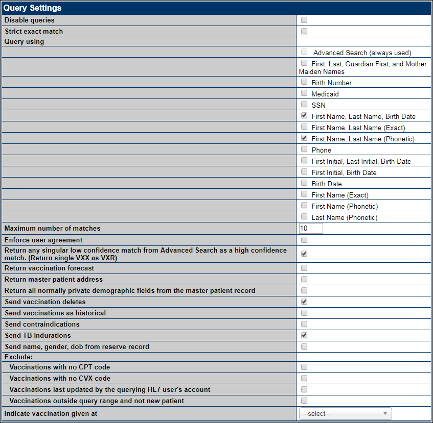 Example Query Settings page
