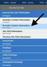 AFIX Site Visit Tool's Provider Contact Information link