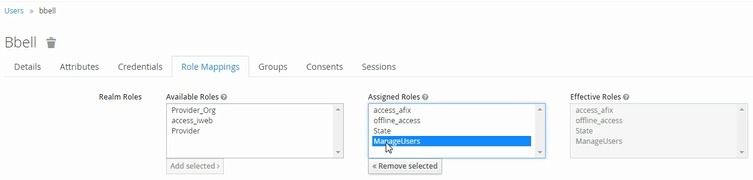 Example Role Mappings tab section in Keycloak