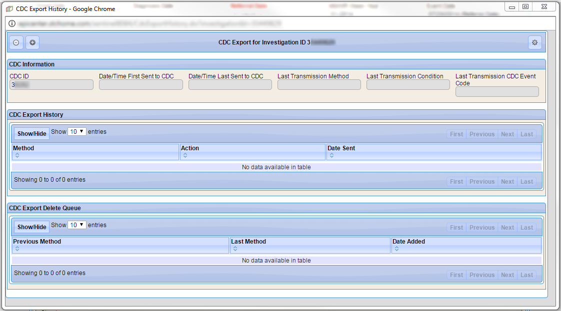 CDC Export History page