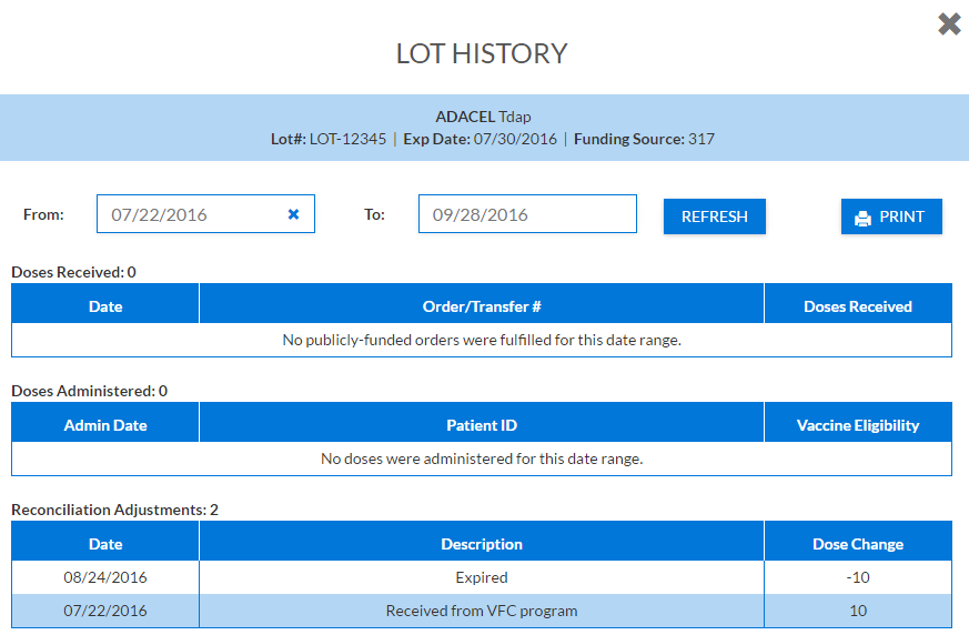 Example Lot History pop-up window