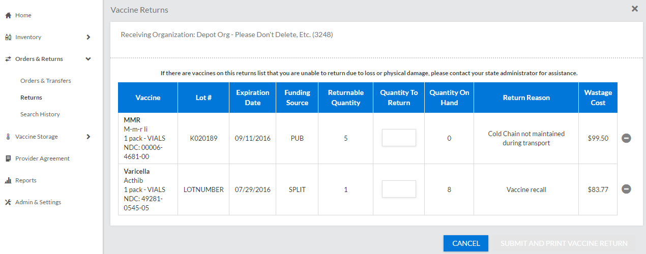 Example Vaccine Returns page