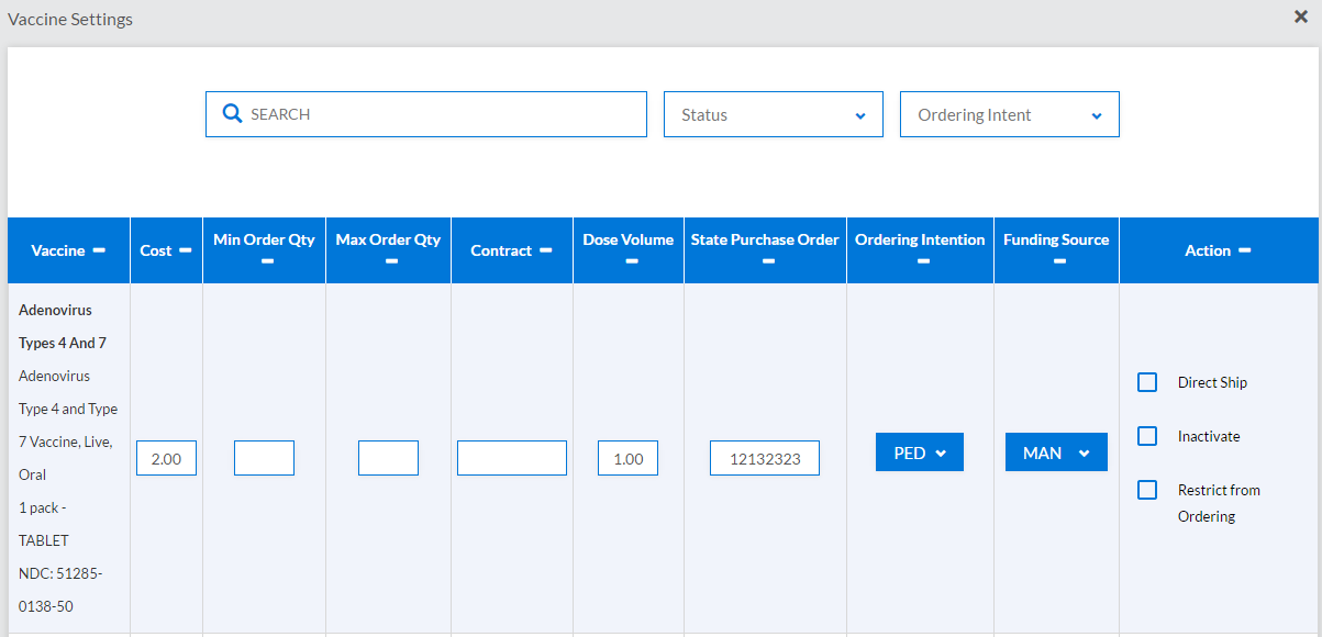 Example Vaccine Settings page