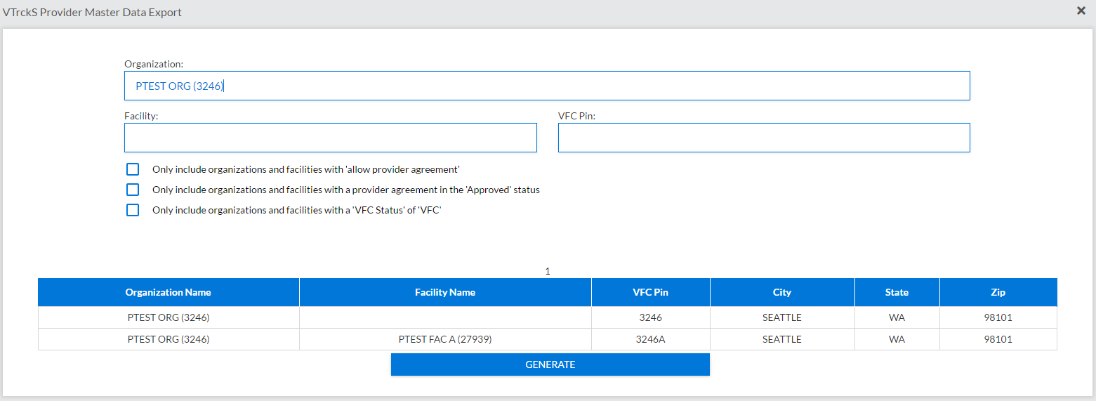 Example VTrckS Provider Master Data Export page