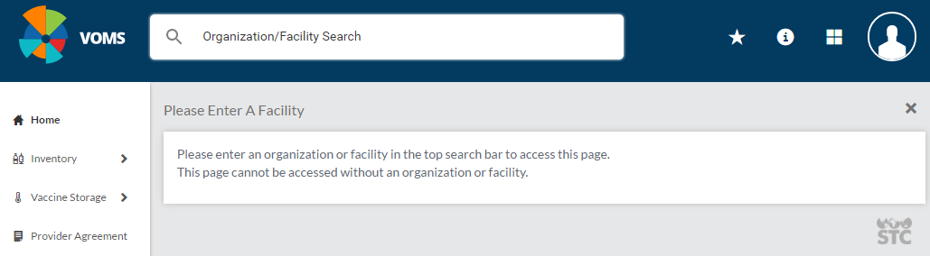 Example VOMS dashboard with no organization/facility selected