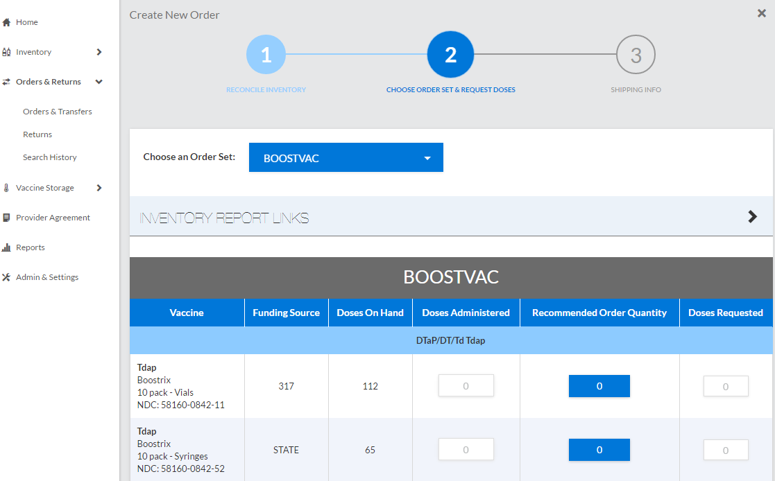 Example Create New Order page on Step 2: Choose Order Set & Request Doses