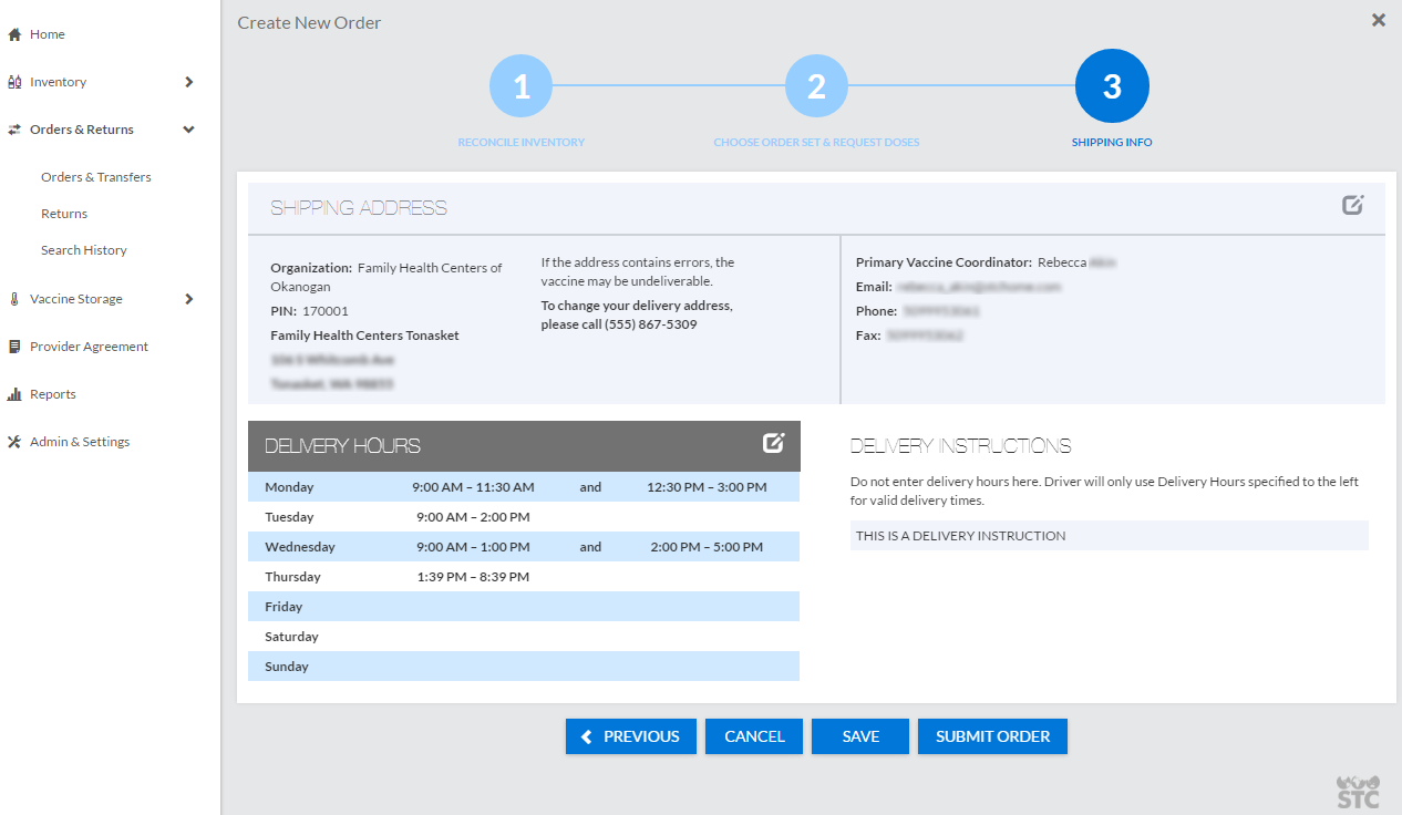 Example Create New Order page on Step 3: Shipping Info