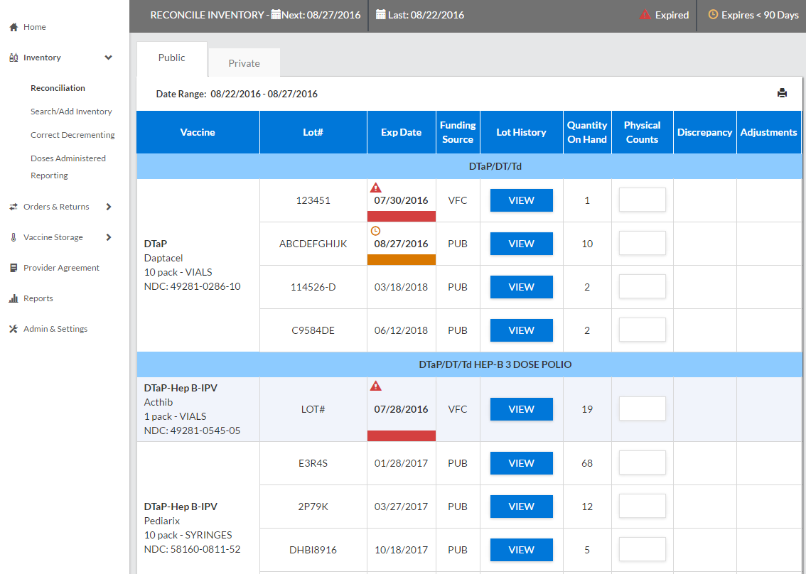 Example Reconcile Inventory page