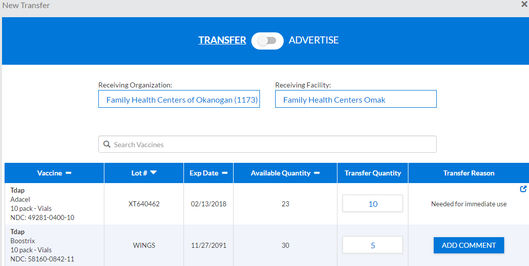 Example New Transfer page