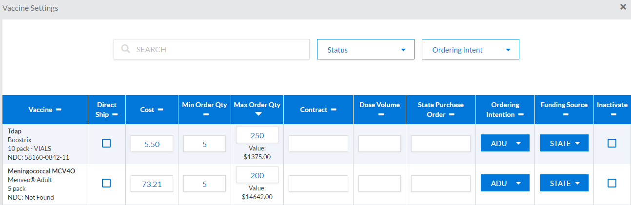 Example Vaccine Settings page