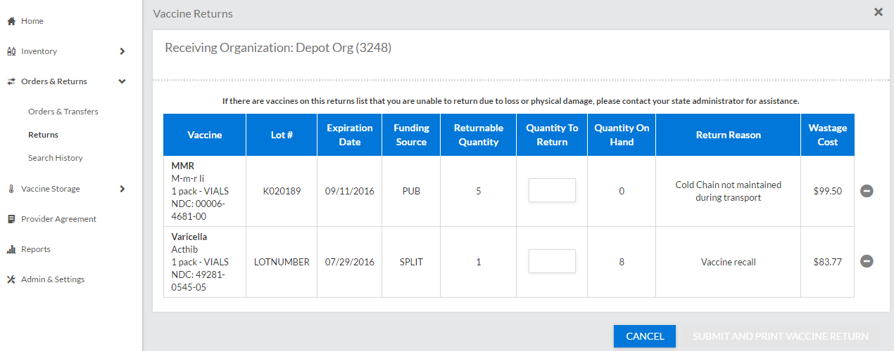 Example Vaccine Returns page
