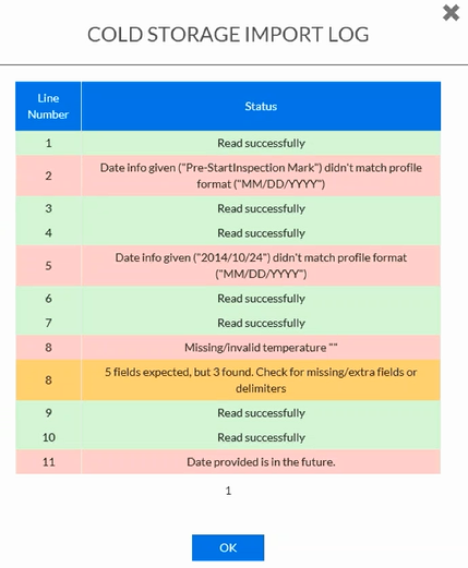 Example Cold Storage Import Log window