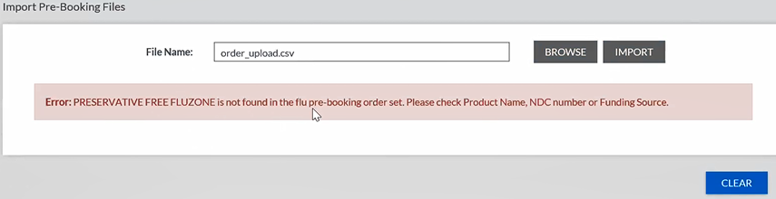 Example file error on the Import Pre-Booking Files page