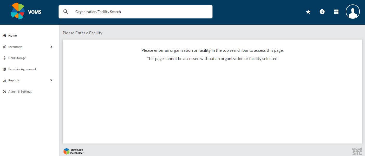 Example VOMS dashboard with no organization/facility selected
