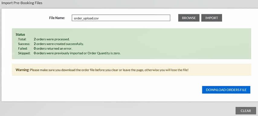 Example successful import message on the Import Pre-Booking Files page