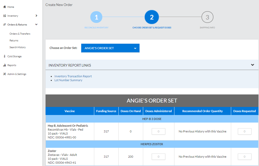 Example Create New Order page on Step 2: Choose Order Set & Request Doses