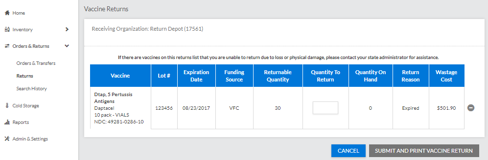 Example Vaccine Returns page