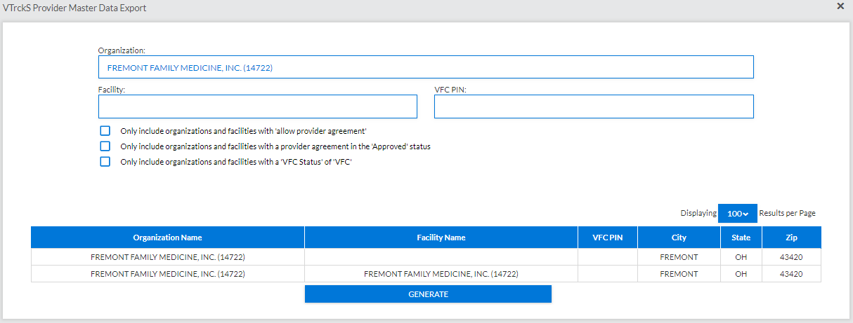 Example VTrckS Provider Master Data Export page