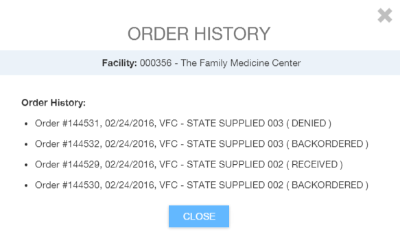 Example Order History window