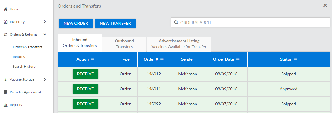 Example Orders and Transfers page