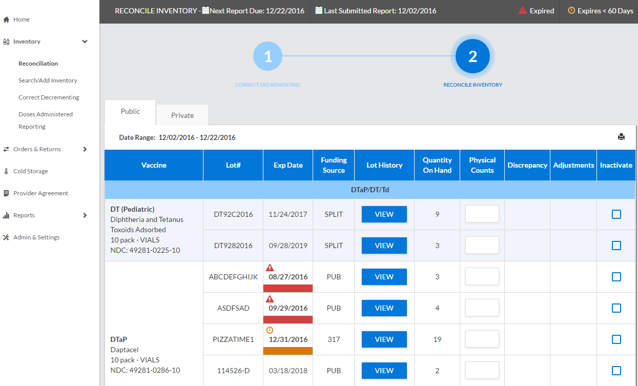 Example Reconcile Inventory page