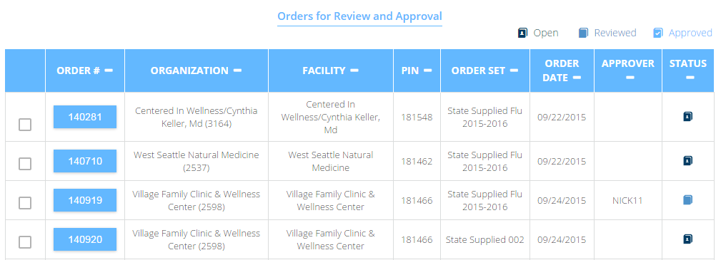 Example Orders for Review and Approval section on Approve Orders page