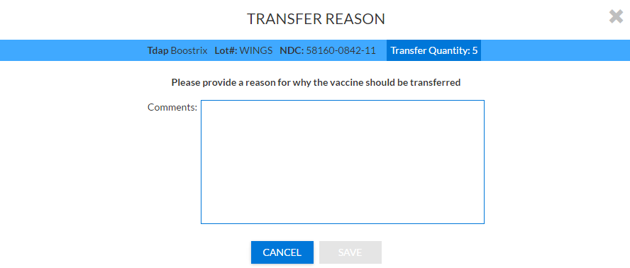 Example Transfer Reason pop-up window