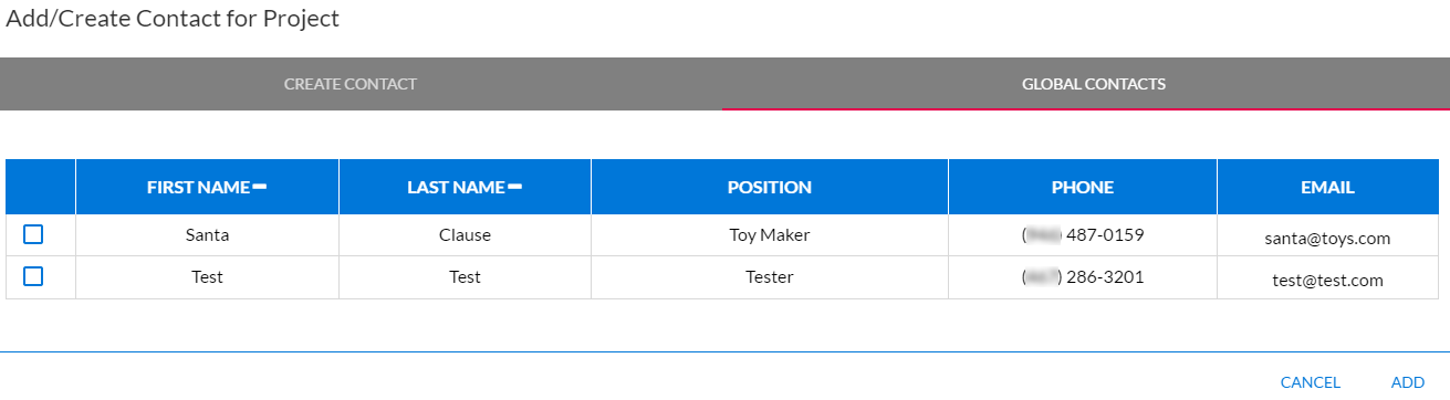 Example Global Contacts tab section on Add/Create Contact for Project pop-up window