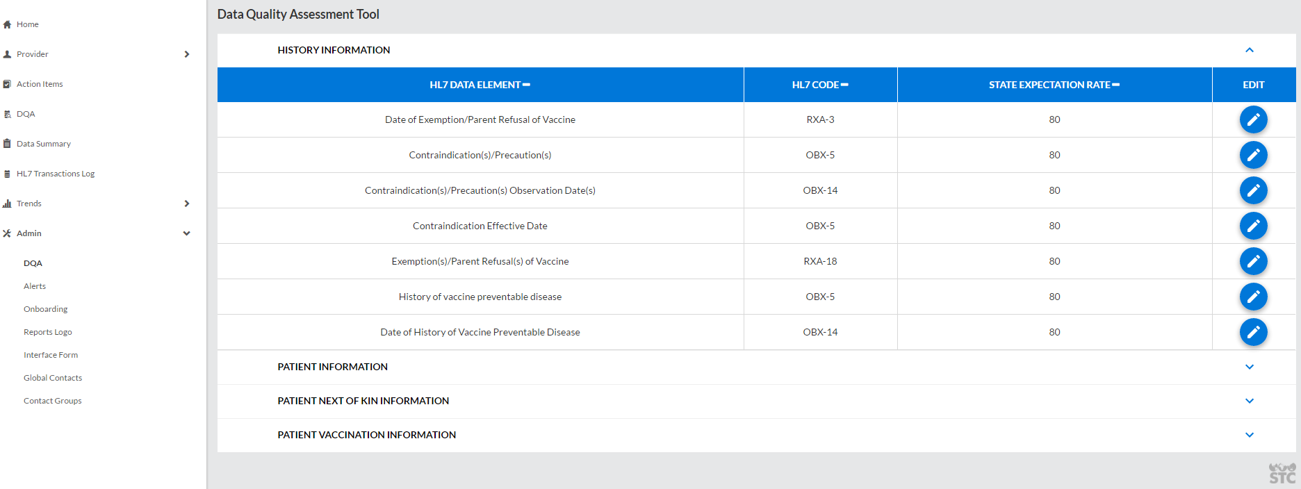 Example Data Quality Assessment Tool administration page