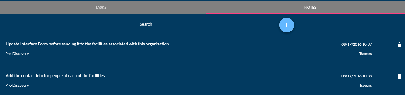 Example notes list on Main tab of Healthcare Provider Onboarding Panel