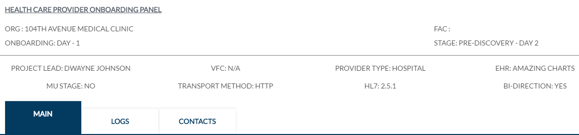 Example top section of the Healthcare Provider Onboarding Panel