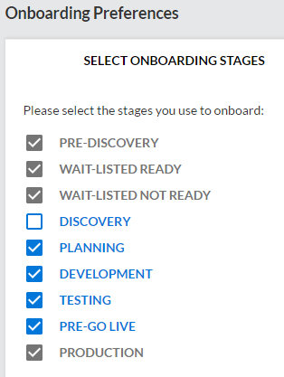 Example Select Onboarding Stages section on Onboarding Preferences page