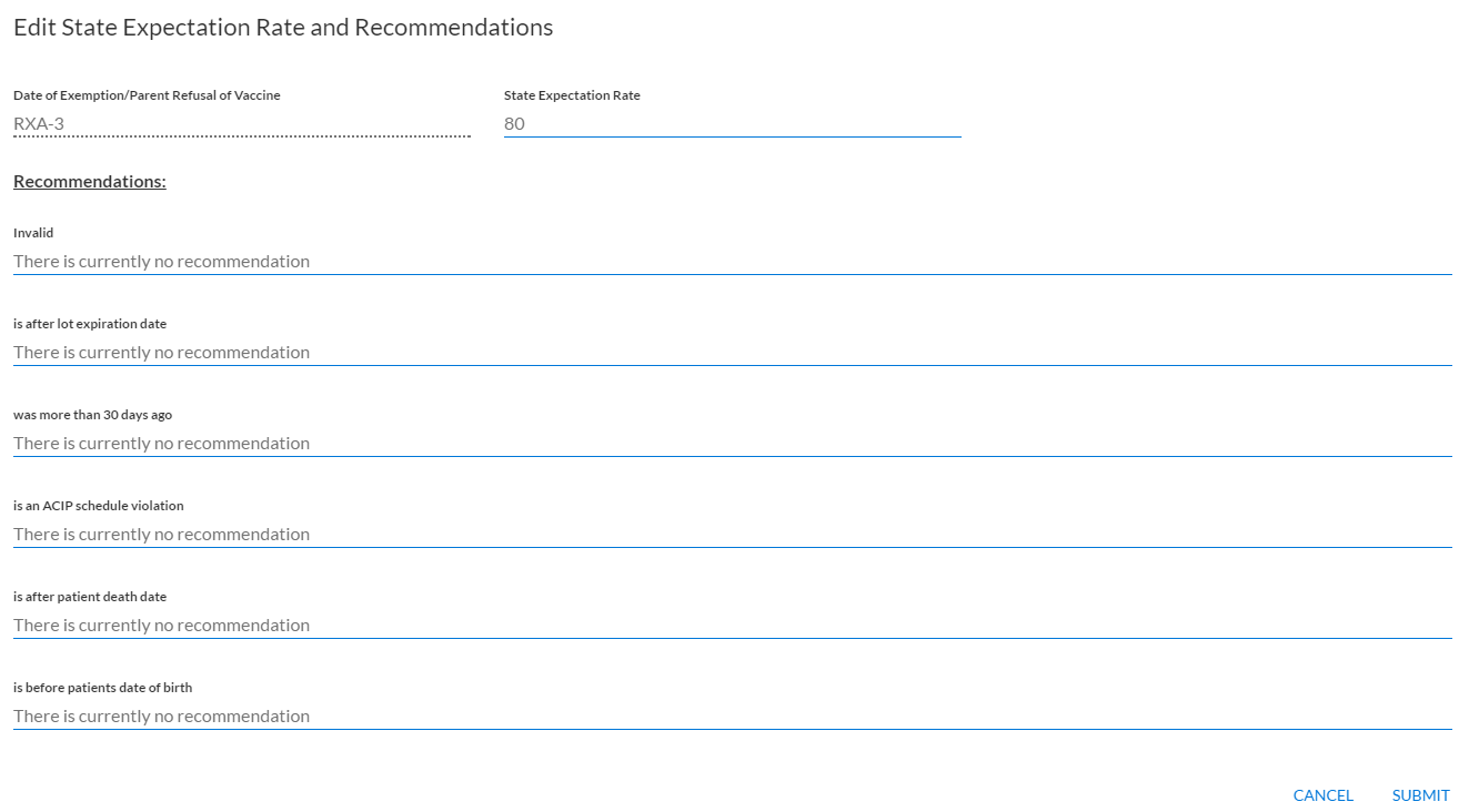 Example Edit State Expectations/Recommendations pop-up window