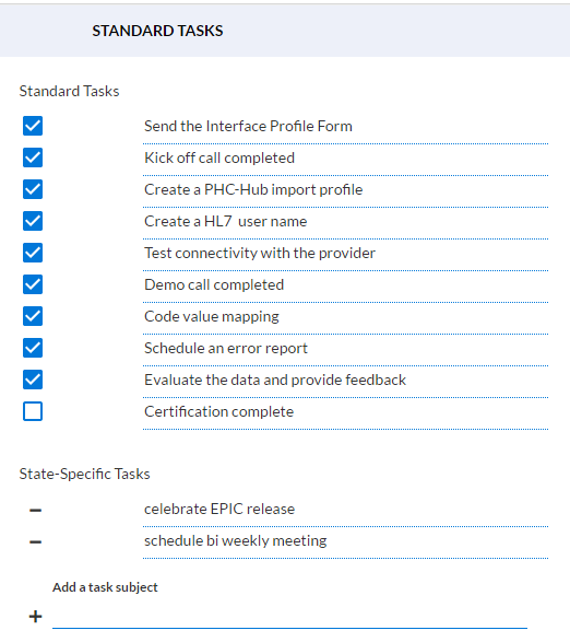 Example Standard Tasks section on Onboarding Preferences page