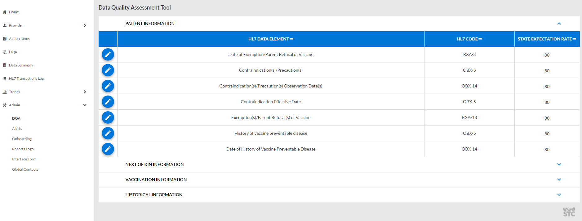Example Data Quality Assessment Tool administration page