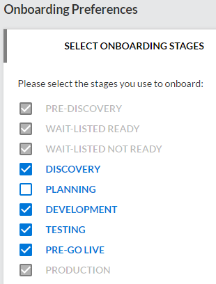 Example Select Onboarding Stages section on Onboarding Preferences page