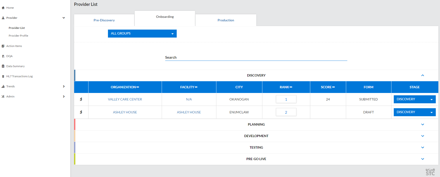 Example Provider List page, Onboarding tab section