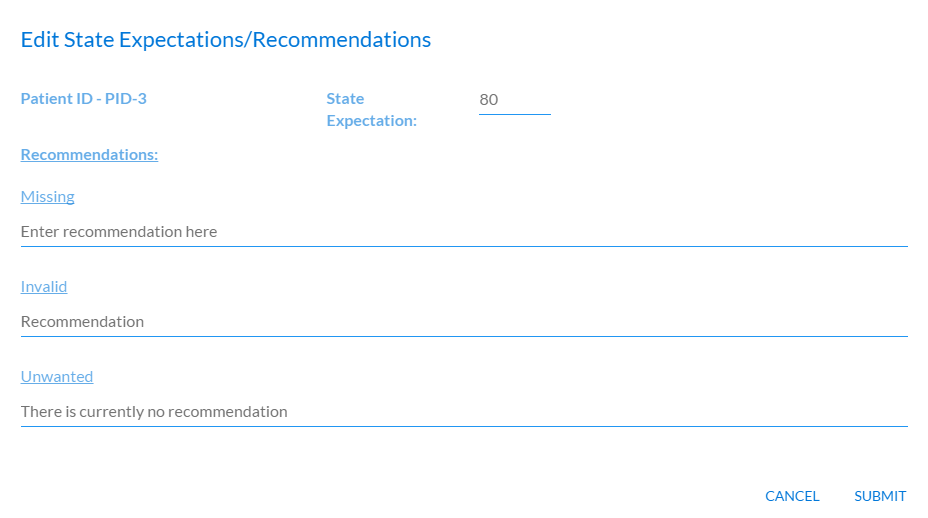 Example Edit State Expectations/Recommendations pop-up window