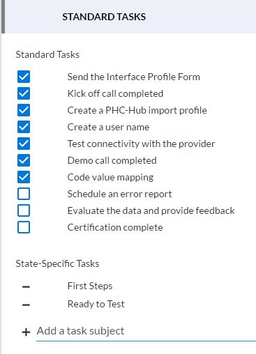 Example Standard Tasks section on Onboarding Preferences page