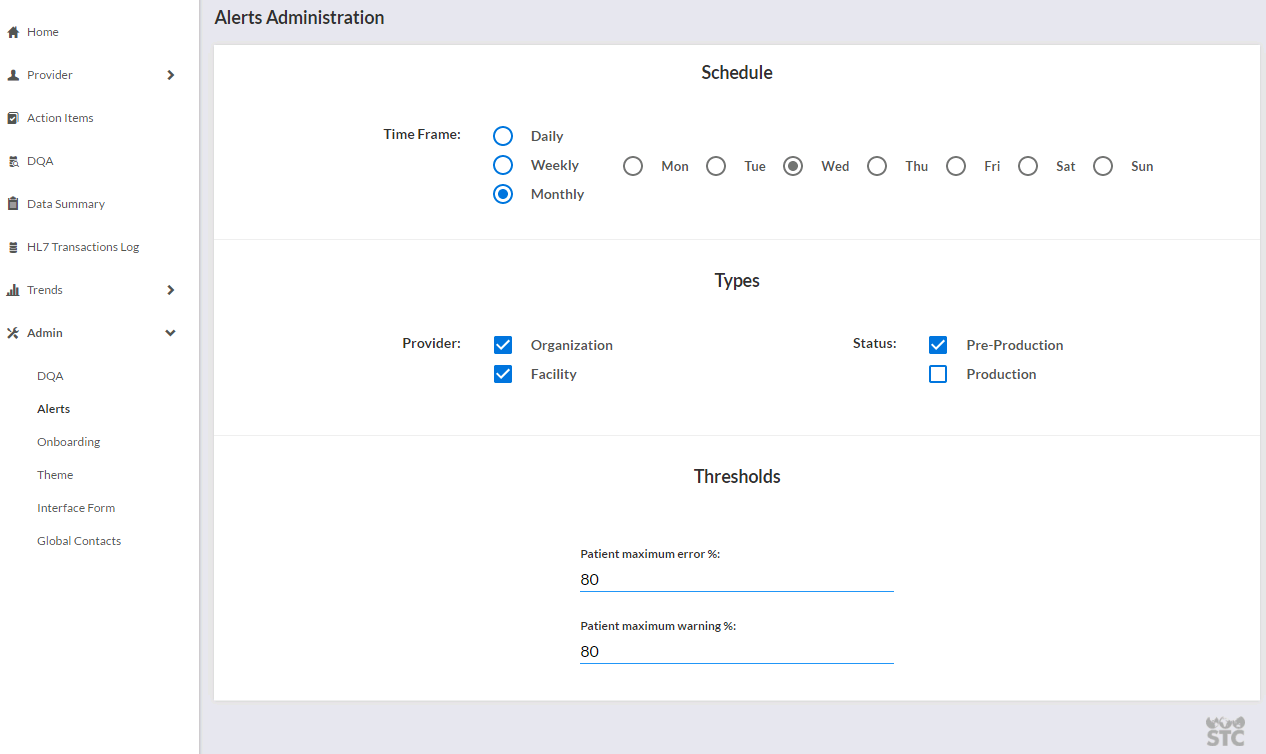 Example Alerts Administration page