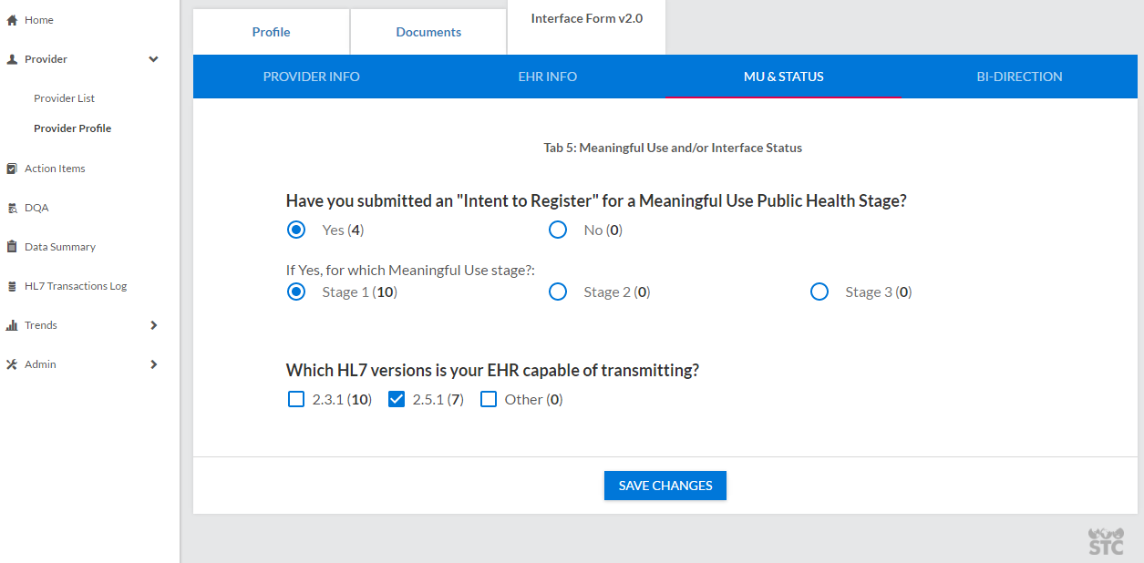 Example Interface Form tab section on Provider Profile page