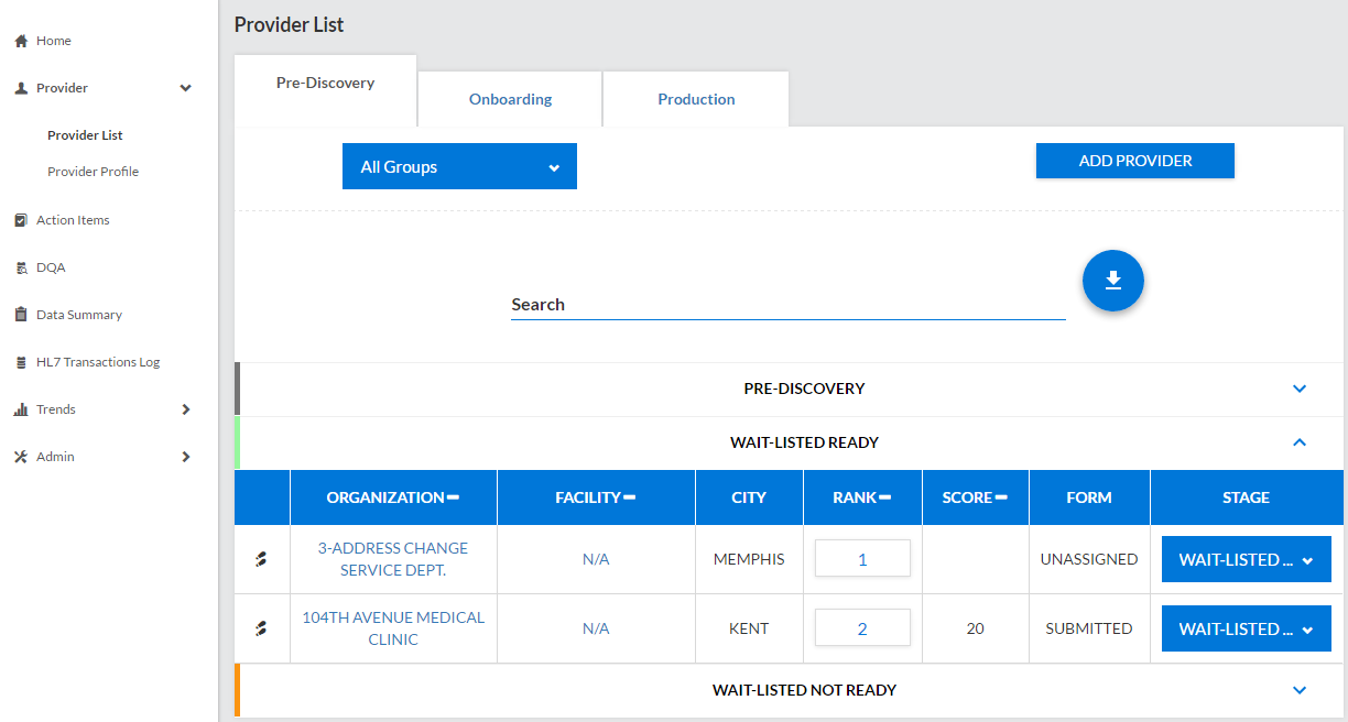Example Provider List page, Onboarding tab section