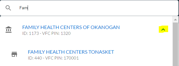 Search bar list example with arrow highlighted (click to collapse facilities list)