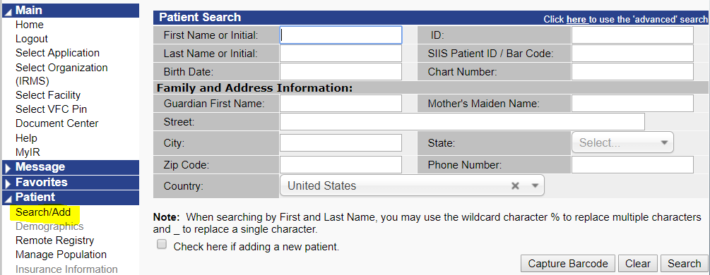 Patient Search page and Patient > Search Add link in navigation menu