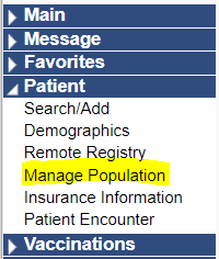 The Patient > Manage Population link in the navigation pane