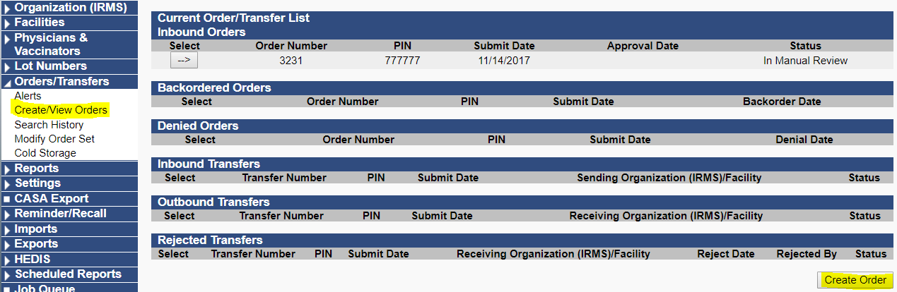 Orders/Transfers page with Create Order button highlighted.